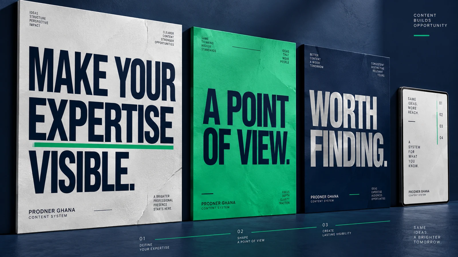Prodner publishing concept: coordinated navy, silver and green campaign panels reading Make your expertise visible, A point of view, and Worth finding.
