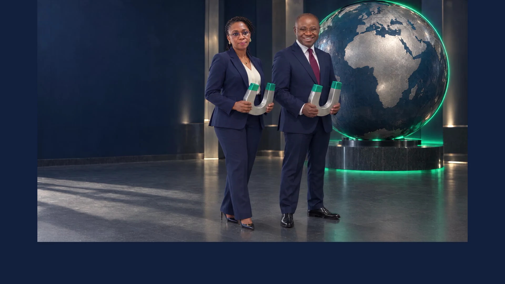 Two executives holding silver and emerald magnets beside a globe, illustrating a brand that attracts business relationships around the world.